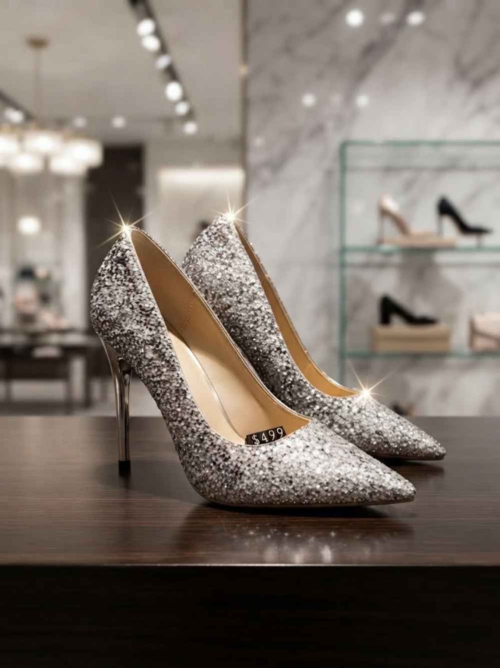 Silver Glitter Pointed-Toe Stiletto Pumps - Women's Dress Heels
